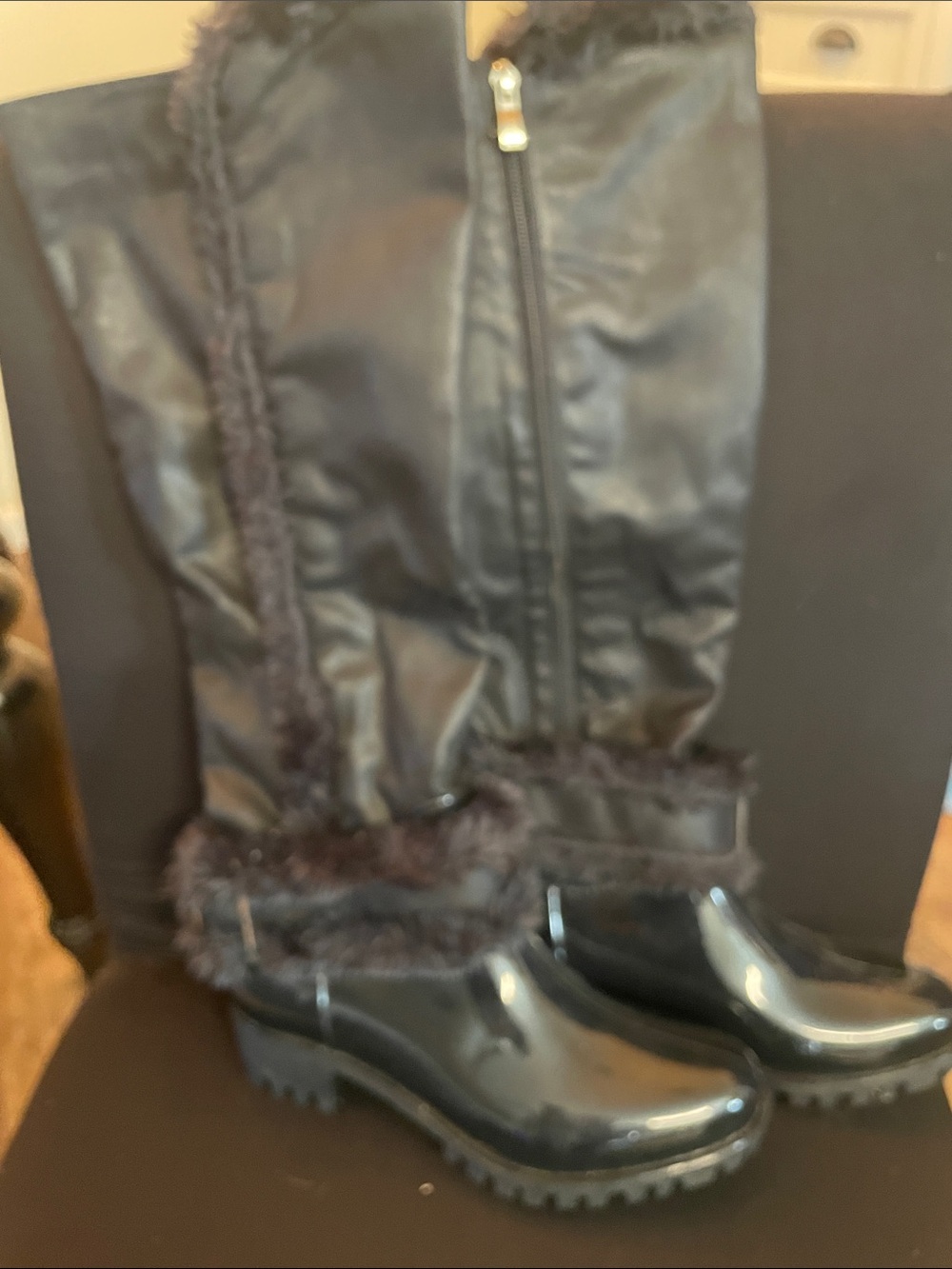 Women's Black Over-the-Knee Faux-Leather Boots with Fur Trim